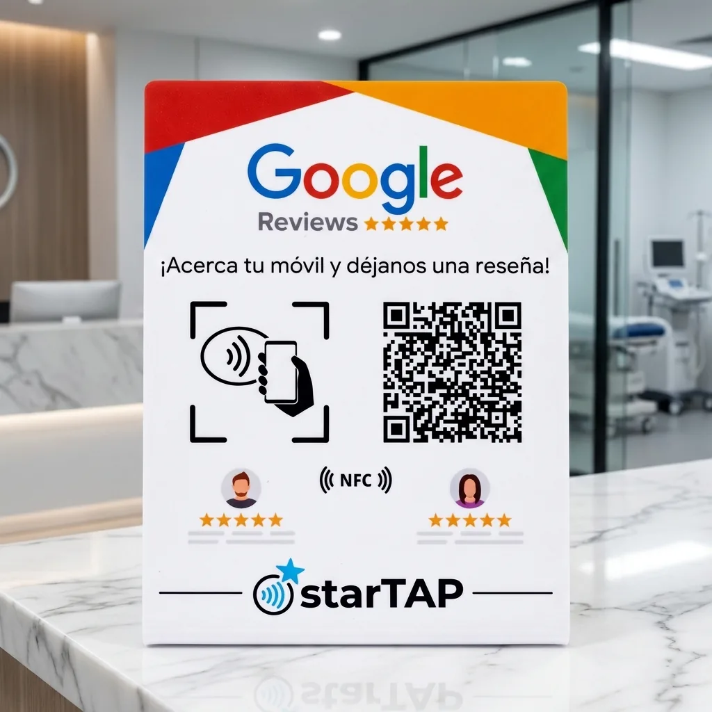 Placa acrílica NFC starTAP para reseñas y comentarios de Google en recepción de clínica en Panamá