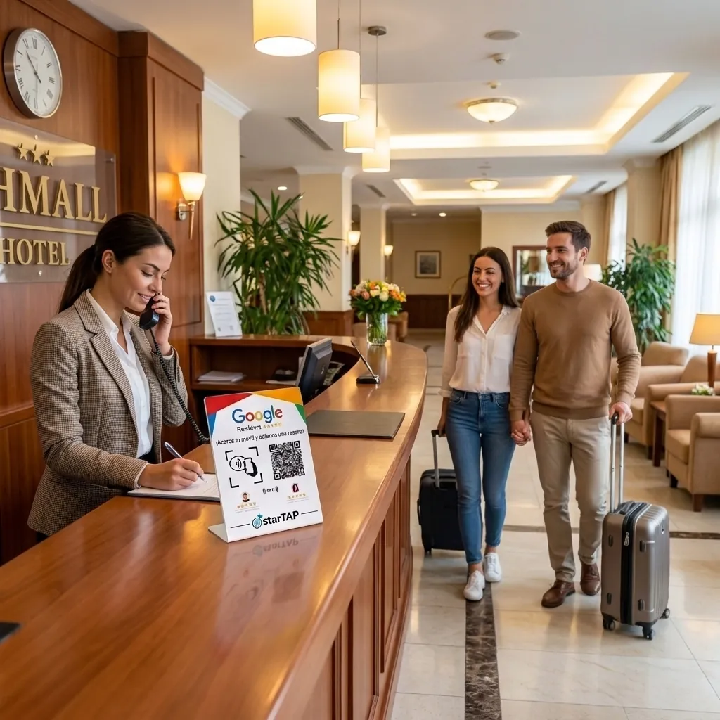 Stand NFC starTAP en recepción de hotel para conseguir reseñas y comentarios de Google en Panamá