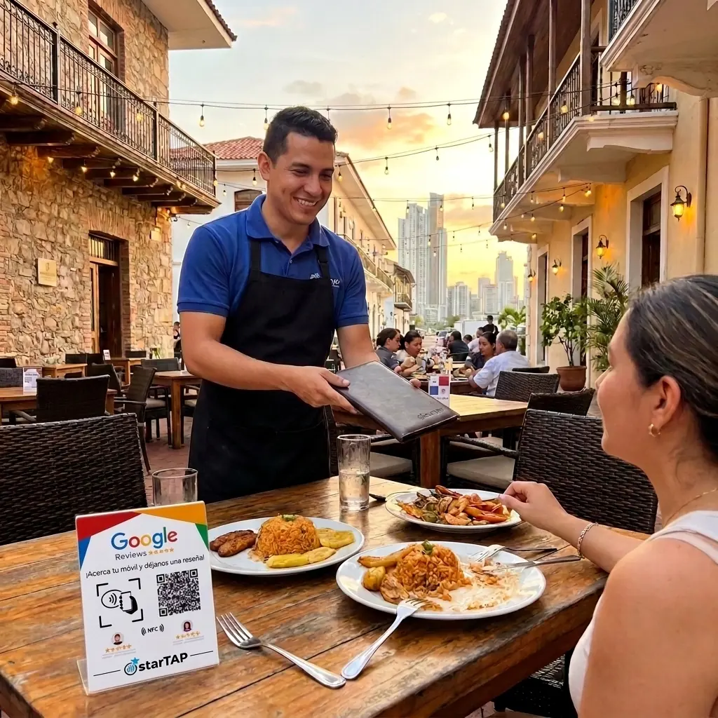 Stand NFC starTAP para reseñas y comentarios de Google en la mesa de un restaurante en Panamá