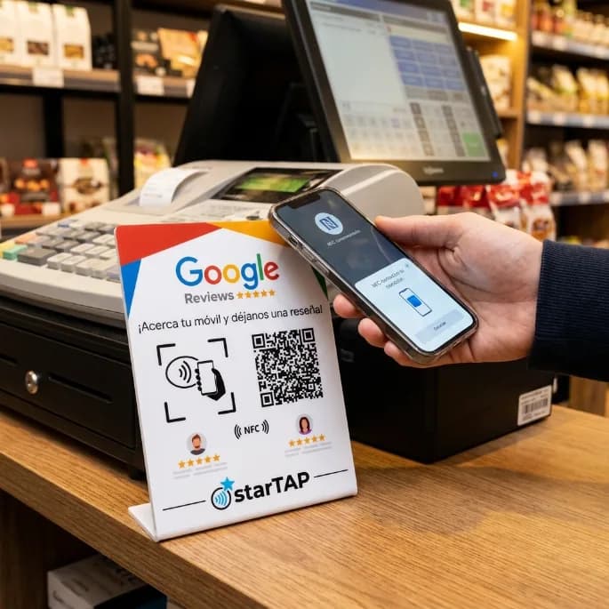 Dispositivo NFC starTAP junto a la caja registradora para reseñas y comentarios de tiendas en Panamá