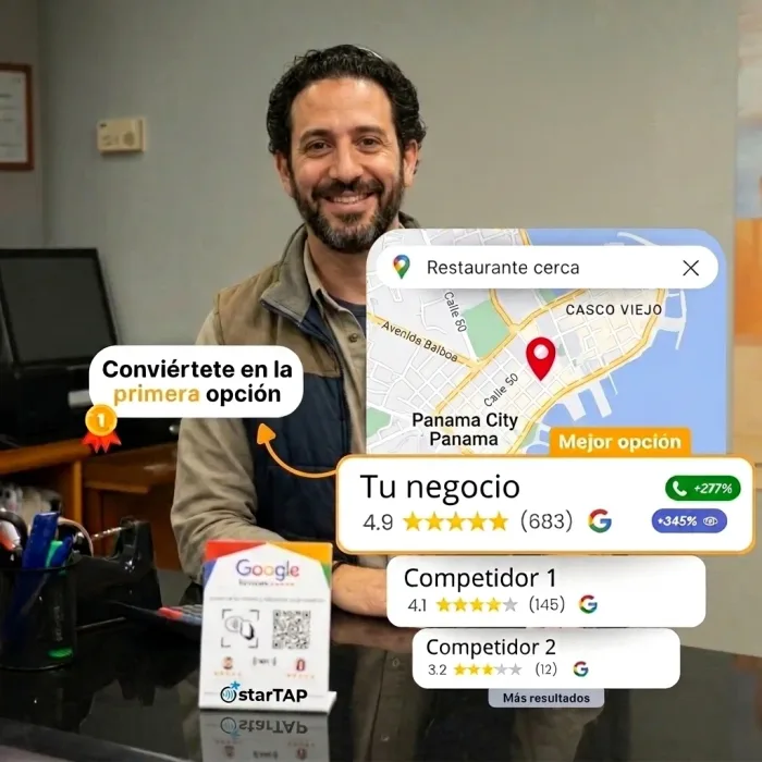 Placas y Tarjetas NFC para Reseñas de Google en Panamá | StarTAP Empresario usando placa NFC StarTAP para conseguir reseñas en Google Maps en Panamá