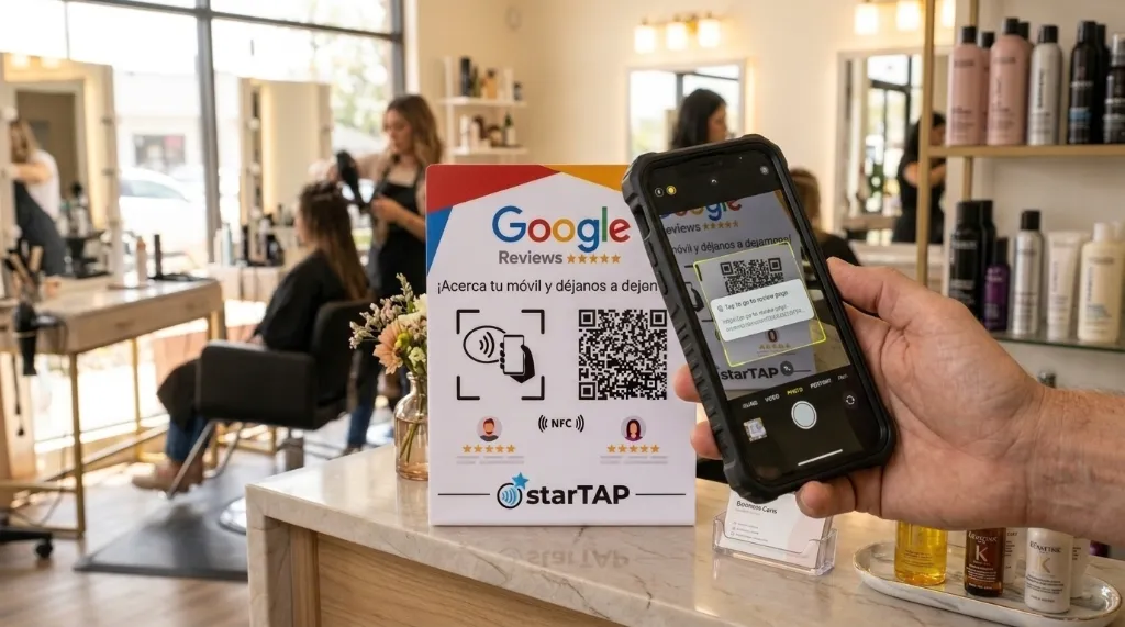 Foto en primer plano mostrando un celular con funda gruesa escaneando el código QR de un soporte starTAP en un salón de belleza en Panamá