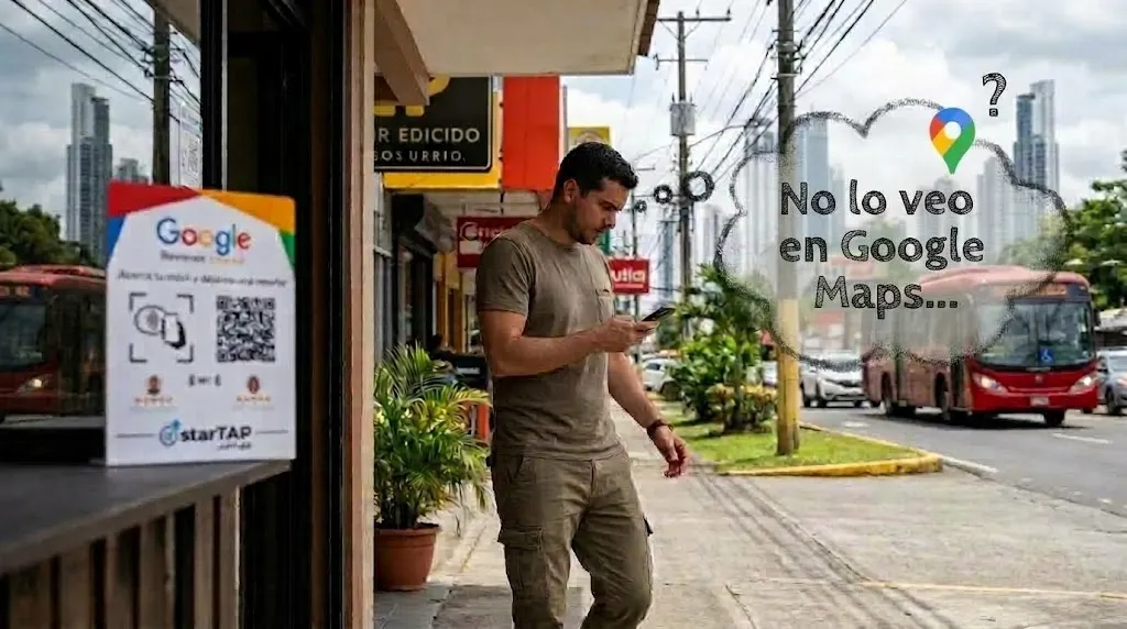 Cliente en la calle buscando un negocio en Google Maps mientras el dueño pierde oportunidades de venta
