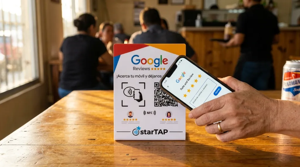 Cliente acercando su celular al Stand NFC de starTAP para dejar una reseña de 5 estrellas en Google Reviews