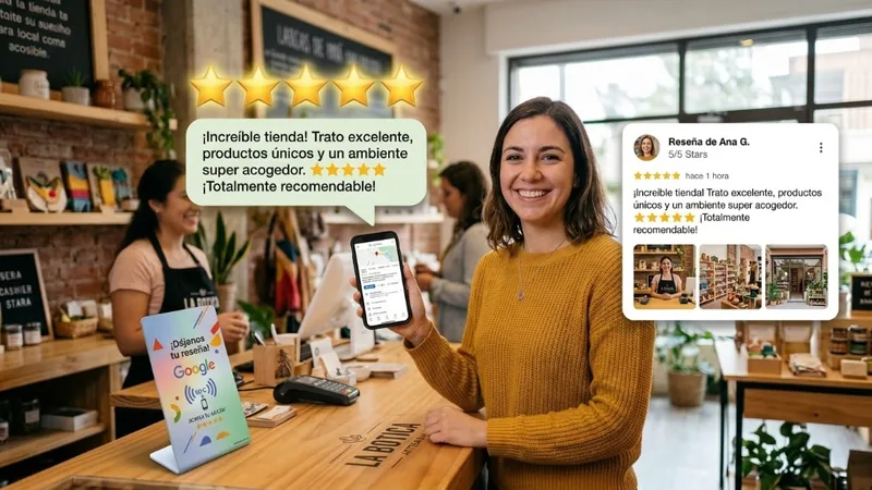 Cliente dejando una reseña de 5 estrellas en Google mediante dispositivo físico NFC en mostrador comercial