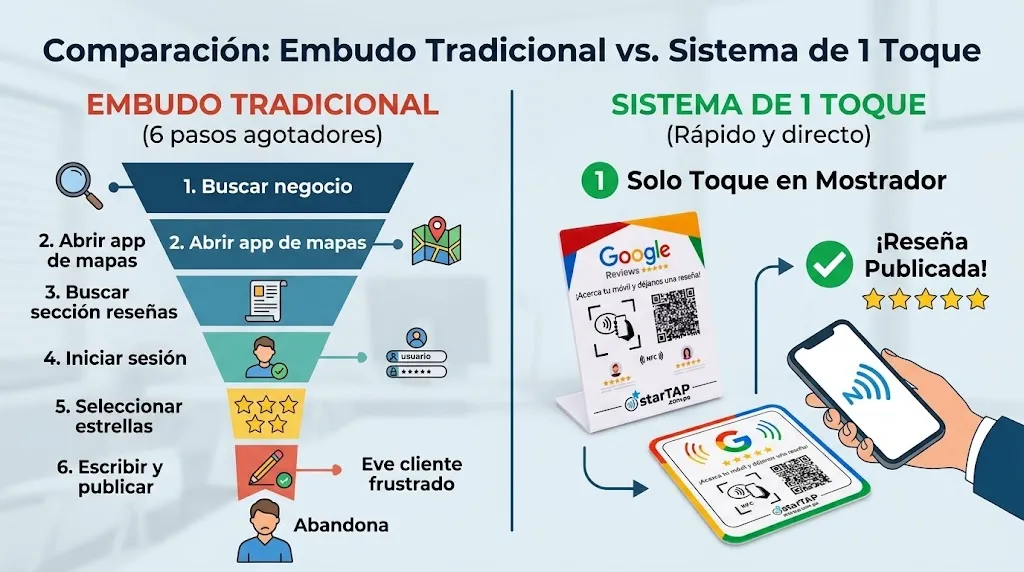 Comparación: Embudo tradicional de 6 pasos agotadores vs sistema de 1 toque directo con dispositivo NFC