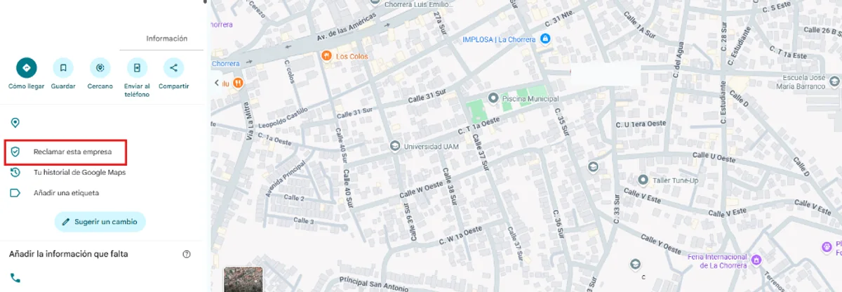 Captura de pantalla de la ficha de Google Maps mostrando el enlace para reclamar la empresa