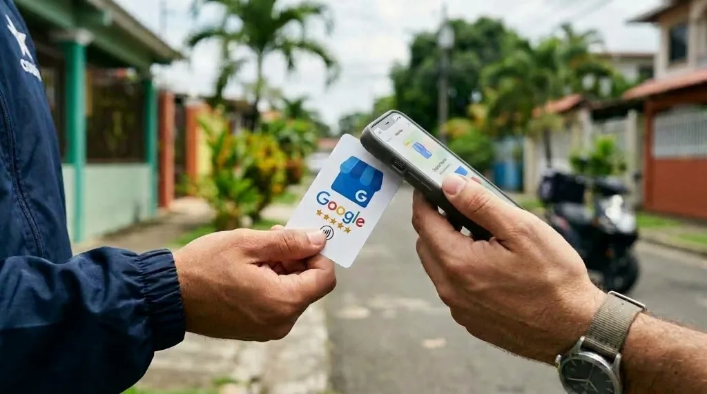 Cliente acercando su celular a la tarjeta NFC de bolsillo al recibir su pedido a domicilio en Panamá