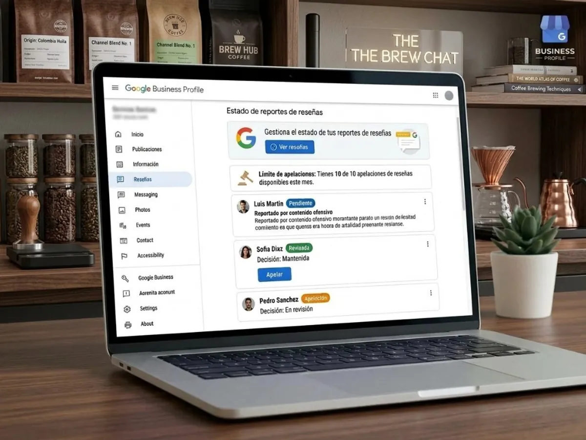 Herramienta de gestión de denuncias de reseñas en Google Business Profile mostrando estados pendiente, revisada con botón apelar y apelación en revisión