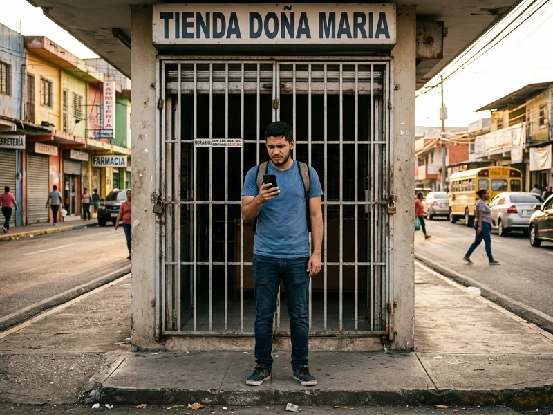Cliente parado frente a un local cerrado en Panamá revisando en el celular el horario que muestra Google