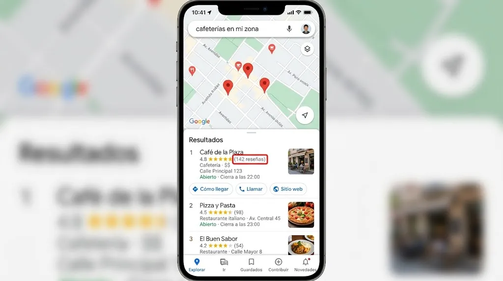 Resultados locales de Google Maps en celular mostrando un negocio posicionado en el top 1 con 142 reseñas de clientes