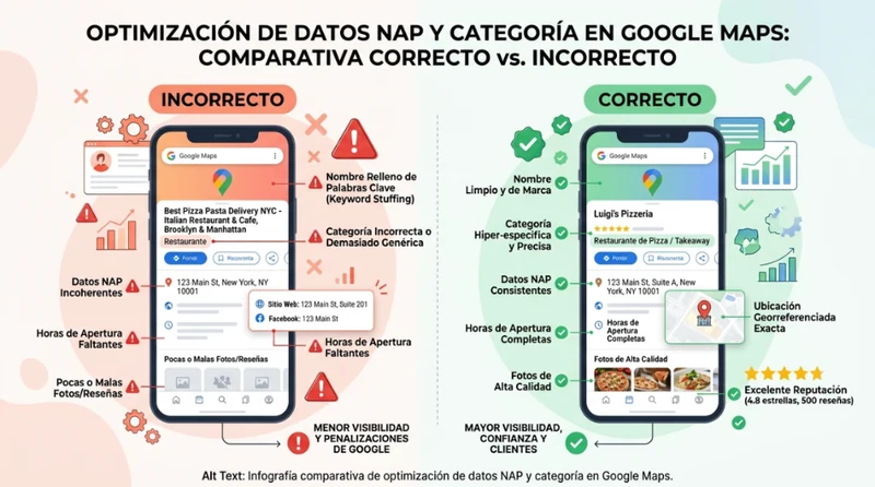 Infografía comparativa de optimización de datos NAP y categoría en Google Maps: correcto vs incorrecto