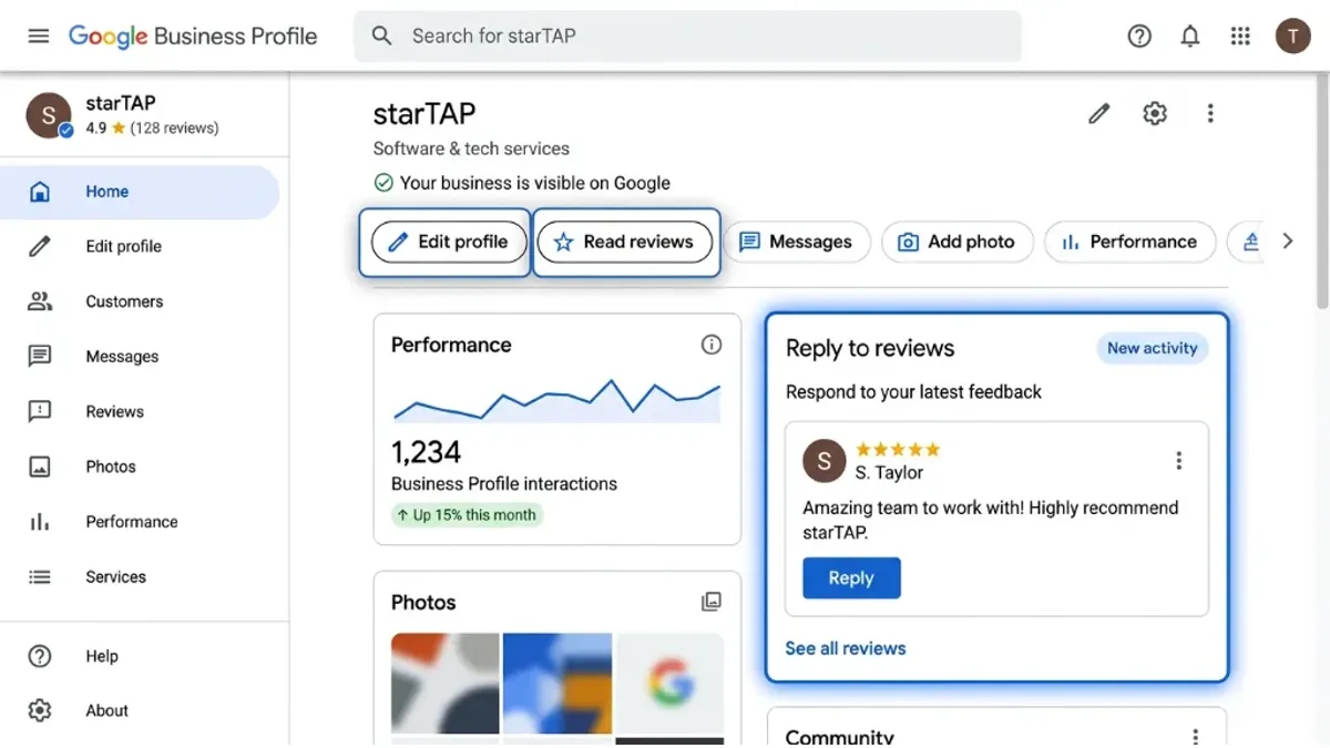 Panel de Google Business Profile ya reclamado mostrando las opciones de responder reseñas y editar la información del negocio