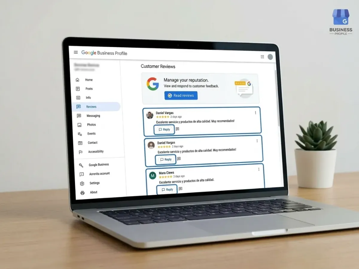 Panel de Google Business Profile mostrando la sección de reseñas de clientes y el botón para responder cada comentario