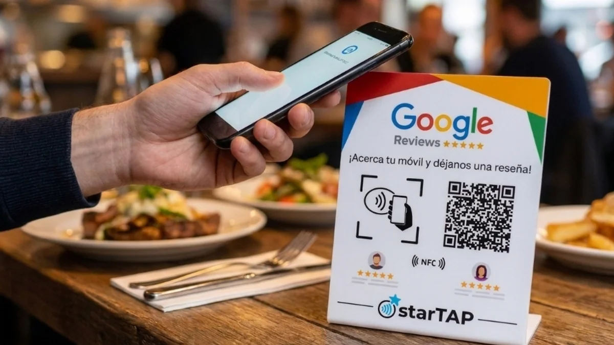 Cliente acercando su celular a un dispositivo NFC para dejar una reseña de Google en un negocio de Panamá