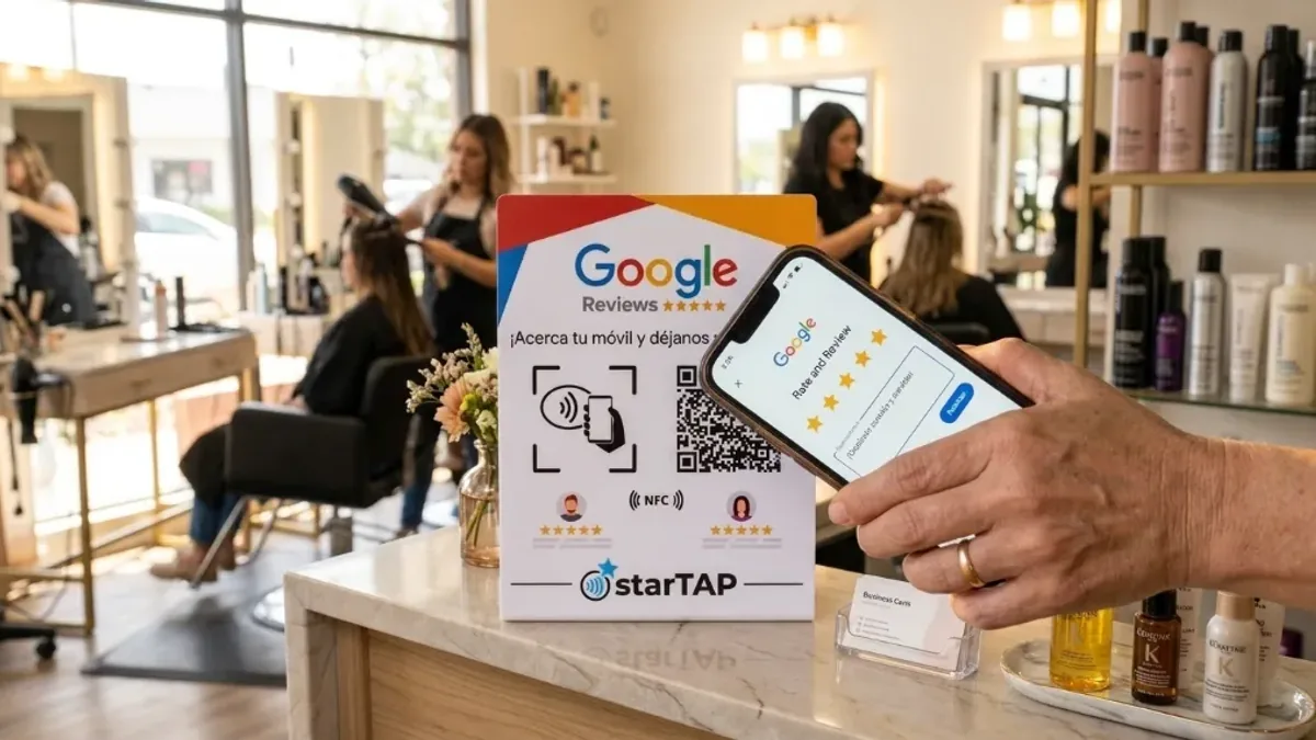 Placa NFC de starTAP en el mostrador de un salón en Panamá para que el cliente deje su reseña de Google con un toque
