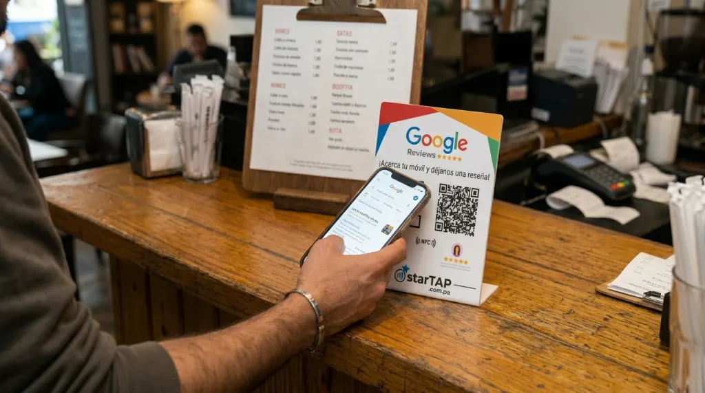 Cliente con teléfono junto a la placa de mostrador starTAP con chip NFC y código QR en un comercio de Panamá