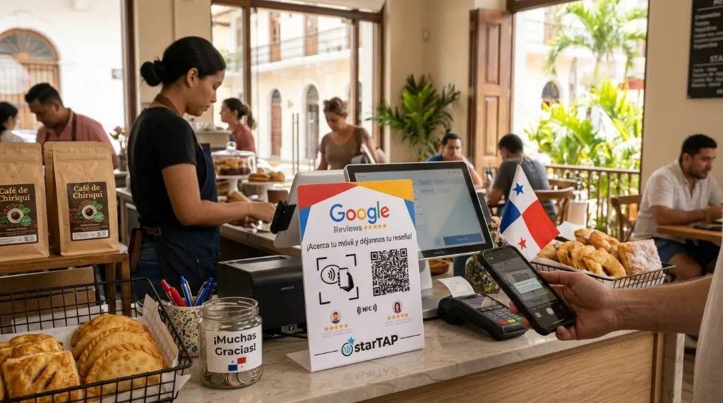 Soporte starTAP con chip NFC y código QR para reseñas de Google en el mostrador de una cafetería en Panamá