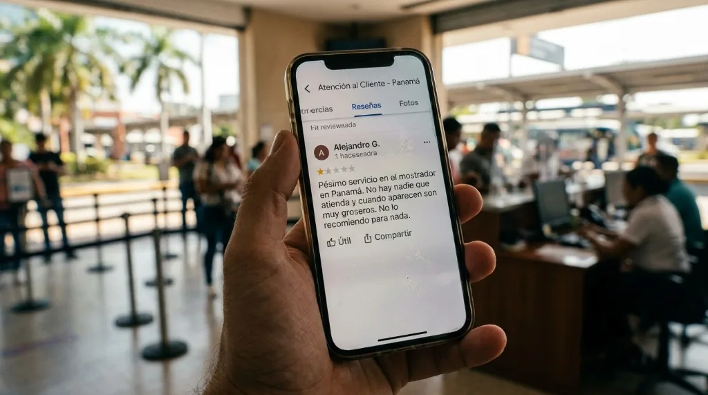 Cliente mostrando una reseña de 1 estrella en Google Maps desde su celular en un mostrador en Panamá