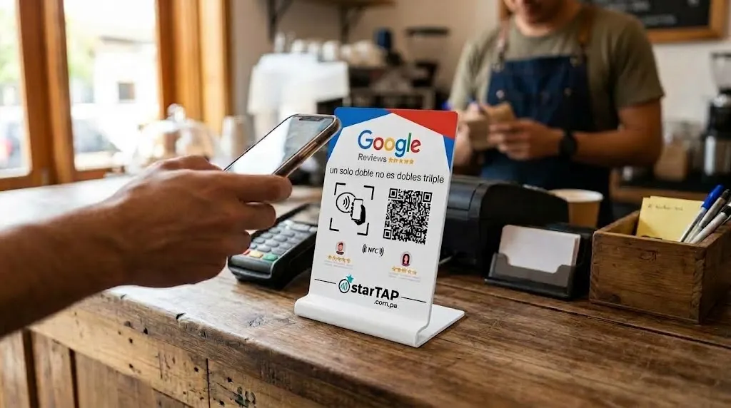 Stand NFC de Google Reviews ubicado en el mostrador junto a la caja para conseguir reseñas al momento del cobro