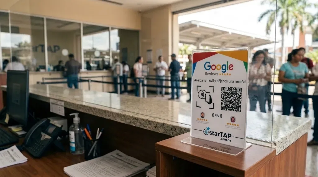 Stand acrílico starTAP con tecnología NFC y QR para Google Reviews en mostrador