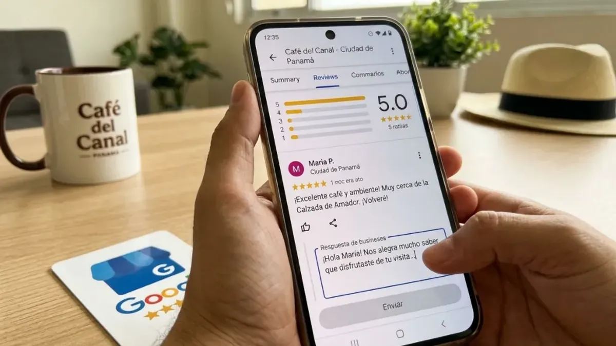 Propietario de negocio en Panamá respondiendo una reseña de 5 estrellas en Google Maps desde su celular junto a una tarjeta NFC