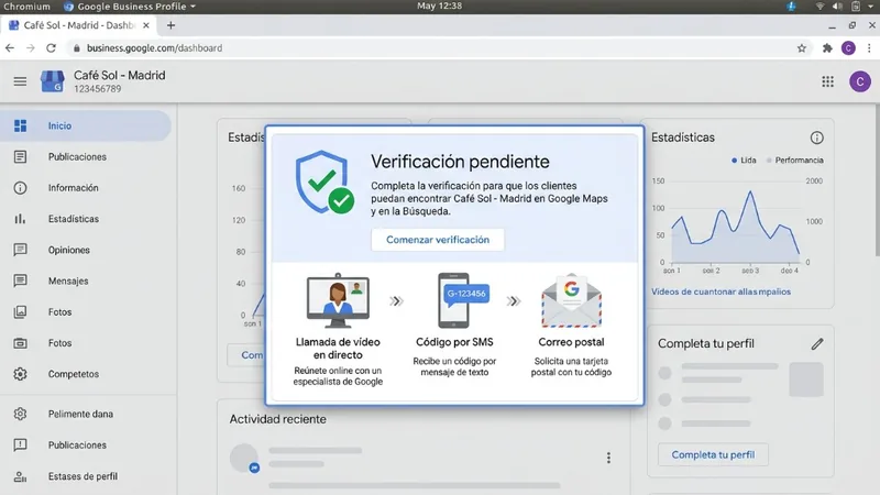 Panel de Google Business Profile con solicitud de verificación pendiente para aparecer en Google Maps y el buscador